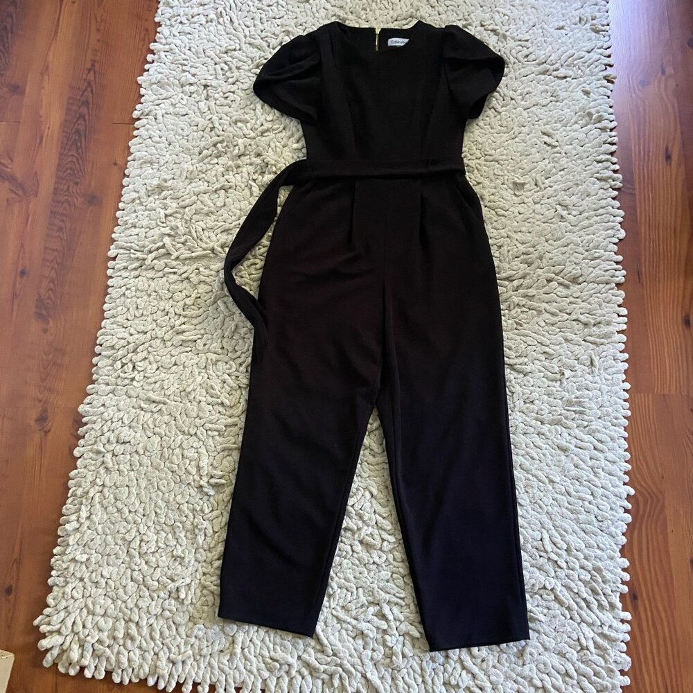 EUC Calvin Klein Short Sleeve Crew Neck Tie Waist Scuba Crepe Jumpsuit Sz 2 - Picture 6 of 10